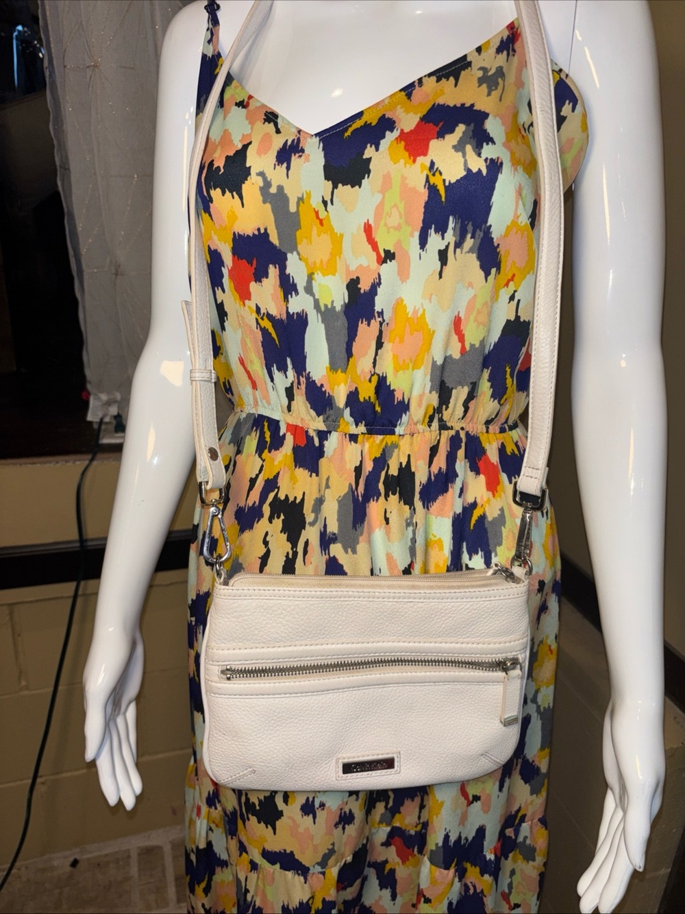 White Pebbled Leather Crossbody Bag with Front Zip Pocket
